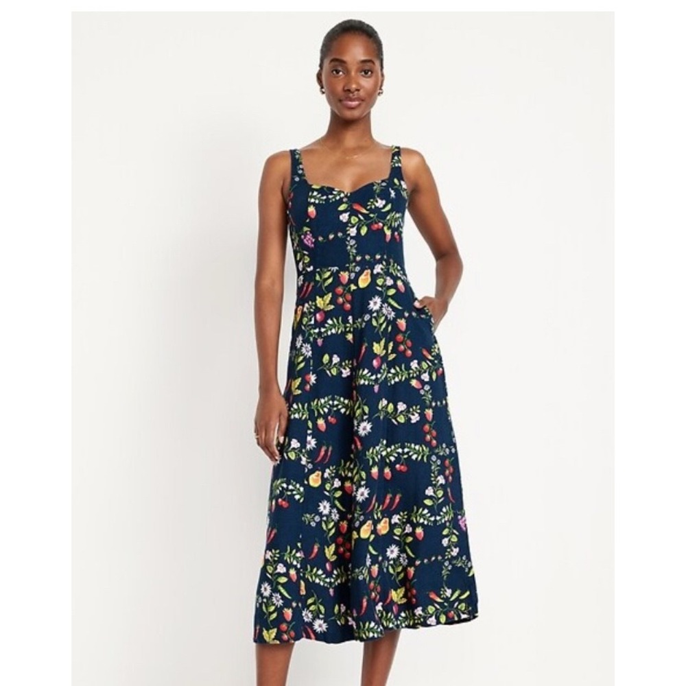 Old Navy Women XS Navy Blue Fruit Floral Linen Blend Smocked Midi Dress Pockets